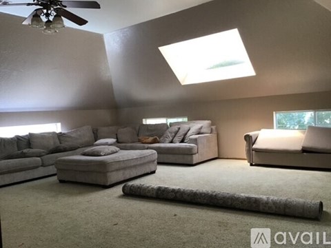 A spacious living room with a grey sofa set and a grey rug.