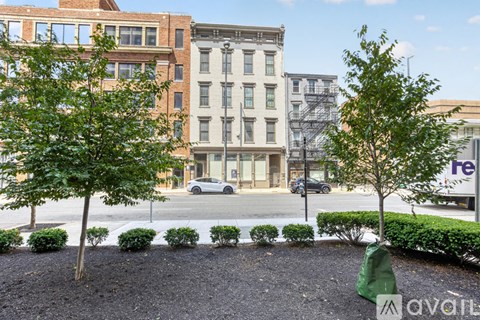 A tree in front of a building with a sign that says "available".