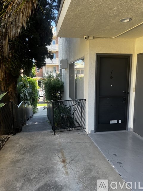 A black door is on the right side of a concrete walkway.