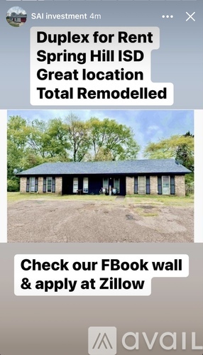A real estate advertisement for a duplex for rent at Spring Hill ISD.