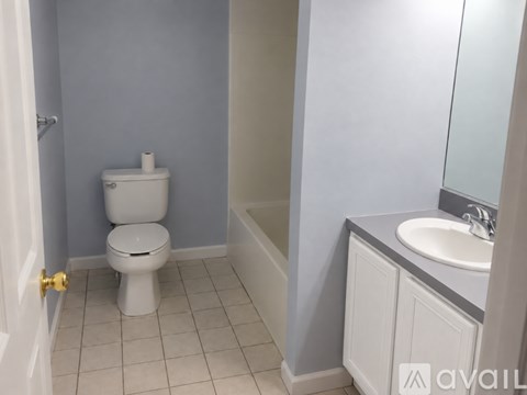 A white toilet is in a bathroom with blue walls.