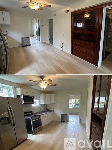 A kitchen with a refrigerator, stove, and oven.
