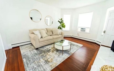 A living room with a beige couch, a grey rug, and a green plant.