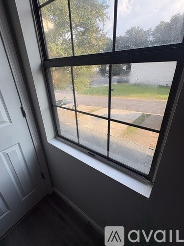 A window with a view of a street and trees outside.