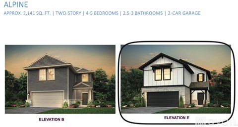Two images of a house named Alpine with two stories, 4-5 bedrooms, 2.5-3 bathrooms, and a 2-car garage.