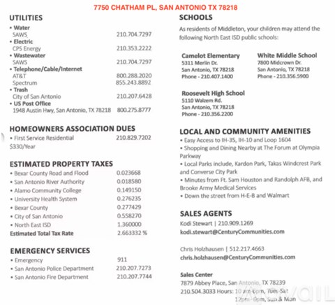 A flyer with information about utilities, schools, homeowners association dues, property taxes, emergency services, and sales agents for the 7750 Chatham PL, San Antonio TX 78218
