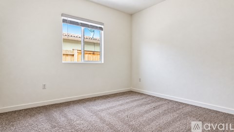 A room with a carpeted floor and a window showing a view of a building.