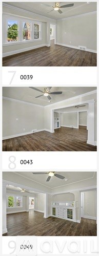 A series of images showing empty rooms with wooden floors and ceiling fans.