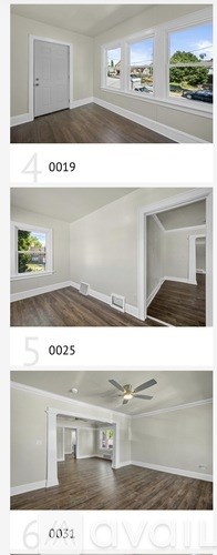 A series of images showing different rooms of a house, including a living room with a ceiling fan and a bedroom with a large window.