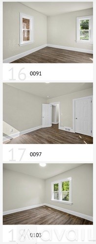 Two images of an empty room with a window and wooden flooring.