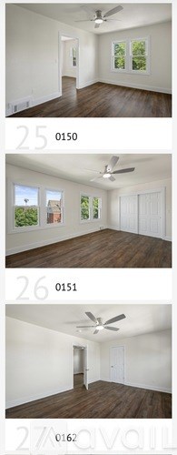 A series of images showing empty rooms with ceiling fans and windows.