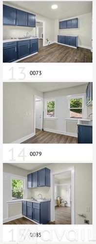A series of images showing a kitchen and living room with blue cabinets and white walls.