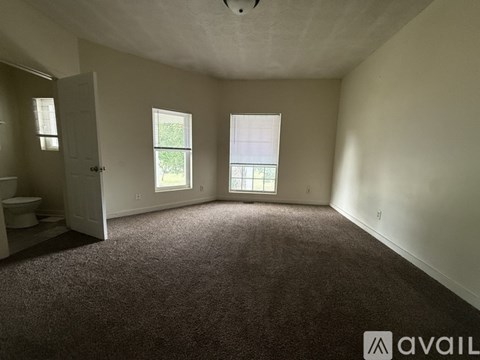 A spacious room with carpeted floor, two windows, and a door leading to another room.