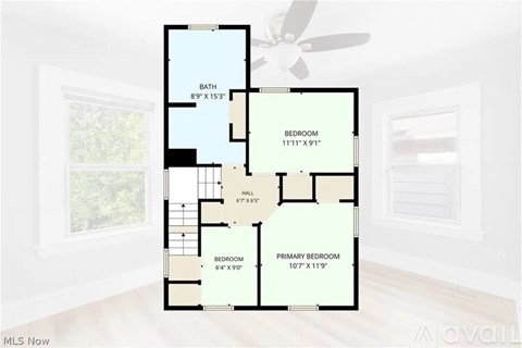 A floor plan of a house with a bathroom, two bedrooms, a hallway, and a primary bedroom.