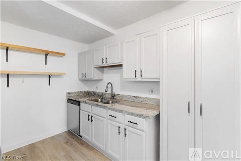 A kitchen with white cabinets and a marble countertop.