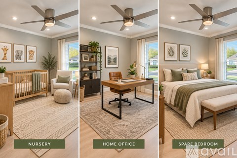 Three images of rooms with labels nursery, home office, and spare bedroom.