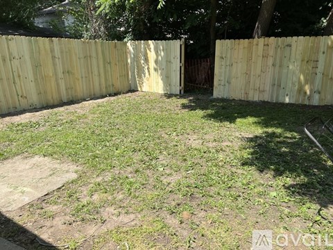 A backyard with a wooden fence and green grass.