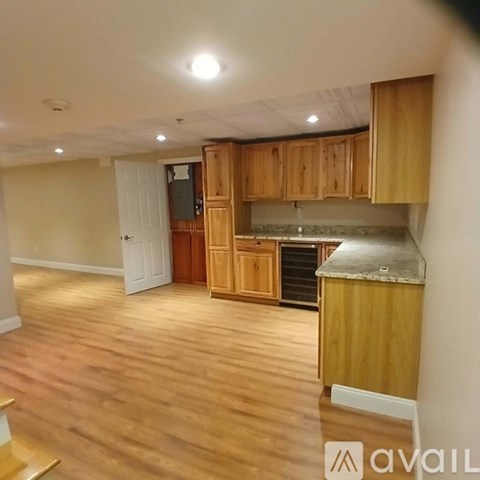 A kitchen area with wooden cabinets and a white door.