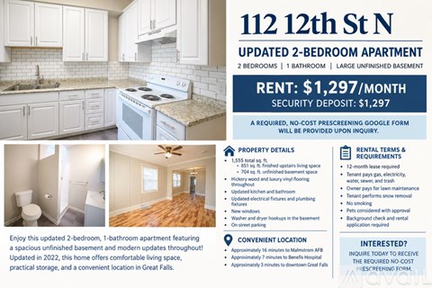 A flyer for a 2-bedroom apartment at 112 12th St N, updated in 2022, with a rent of $1,297 per month and a security deposit of