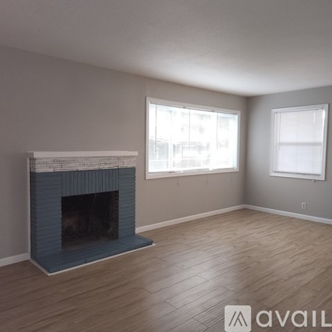 A living room with a fireplace and two windows.