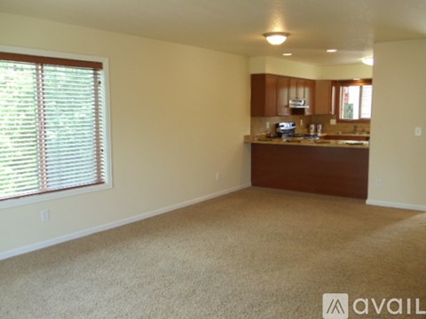 A carpeted room with a kitchenette and a window with blinds.
