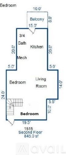 A floor plan of a two-story house with labeled rooms and dimensions.