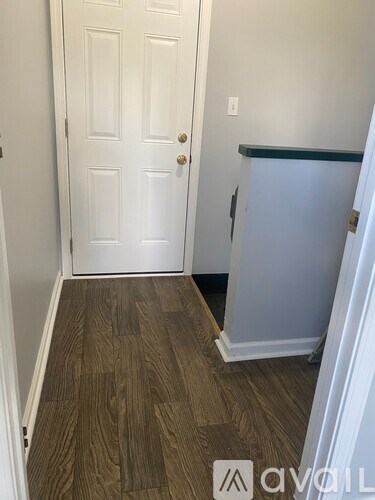 A hallway with a white door and a wooden floor.