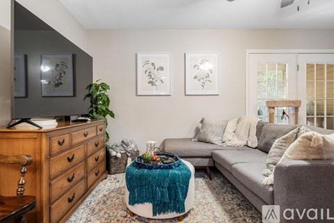 A living room with a grey couch, a wooden dresser, and a rug.