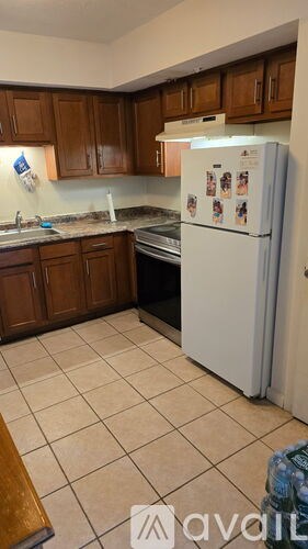 A kitchen with a white fridge and wooden cabinets.
