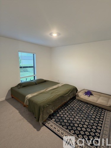 A bedroom with a bed and a window.