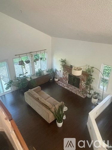A living room with a couch, a fireplace, and a plant.