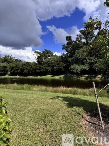 A landscape with a body of water surrounded by greenery.