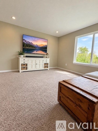 A bedroom with a large bed, a TV on a stand, and a window with a view of trees.