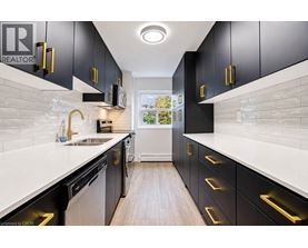 A modern kitchen with black cabinets and gold handles.