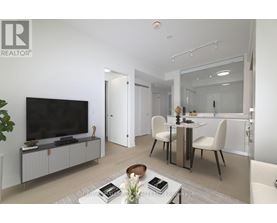 A modern living room with a television, dining table, and chairs.