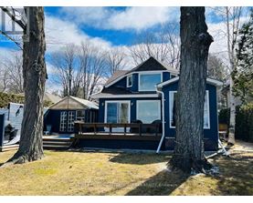 A blue house with a deck and trees in the background.