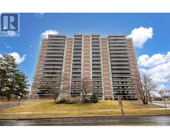 A tall apartment building with a sign that says Sutton Group Old Mill Realty, Brokerage.