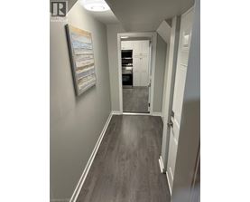 A hallway with a painting on the wall and a door at the end.