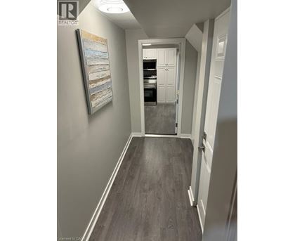 A hallway with a painting on the wall and a door at the end.
