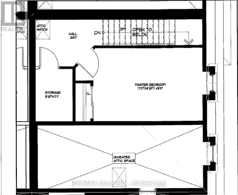 A black and white architectural floor plan shows a master bedroom, a storage area, and an unheated attic space.