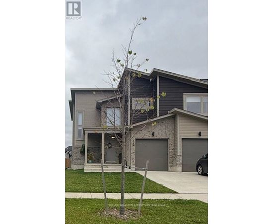 A house with a grey garage door and a tree in front.