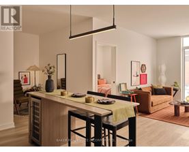 A well-lit, modern living room with a dining area in the foreground.