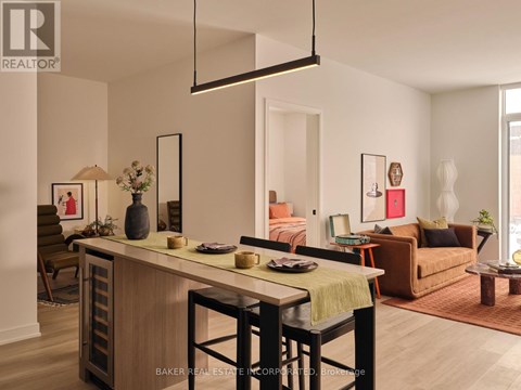 A well-lit, modern living room with a dining area in the foreground.