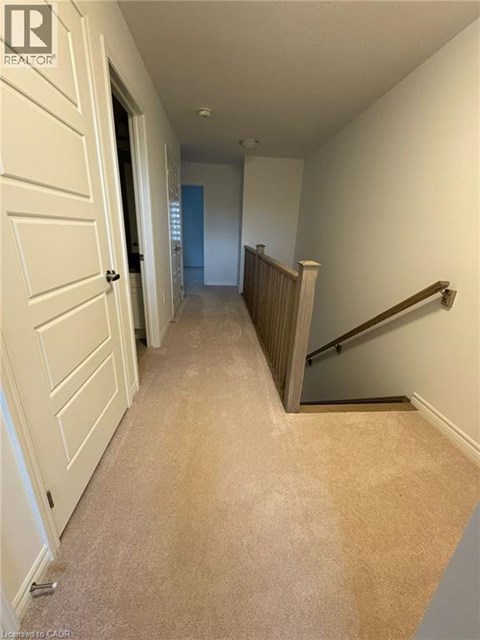 A hallway with a carpeted floor and a staircase.