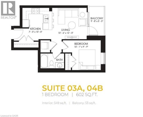 A floor plan for a suite with one bedroom and a balcony.