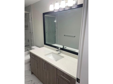 A bathroom with a sink and mirror.