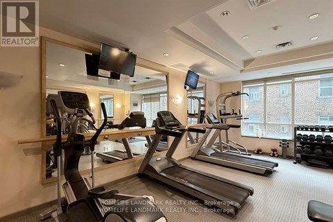 A gym with treadmills, elliptical machines, and a flat screen TV.
