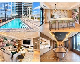 A collage of images showcasing a modern apartment with a pool, bar area, and dining room.