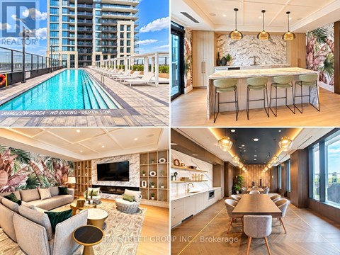 A collage of images showcasing a modern apartment with a pool, bar area, and dining room.