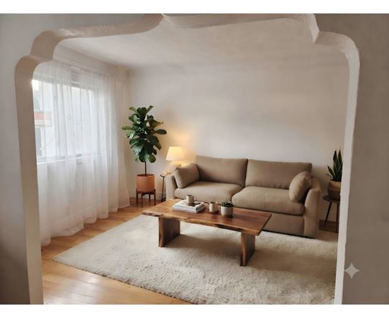 A living room with a beige sofa, a wooden coffee table, and a potted plant.